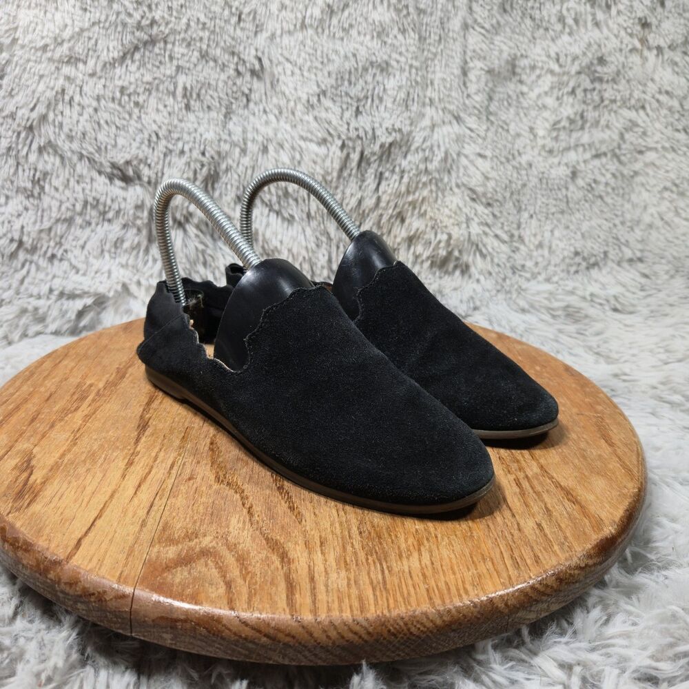 Lucky Brand Scalloped Loafer Flats Caliya Womens Size 5 Black Suede Leather READ